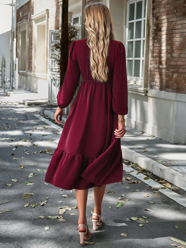 Midi Dresses- Solid Surplice Shirred V-Neck Long Sleeve midi Dress- - Pekosa Women Clothing