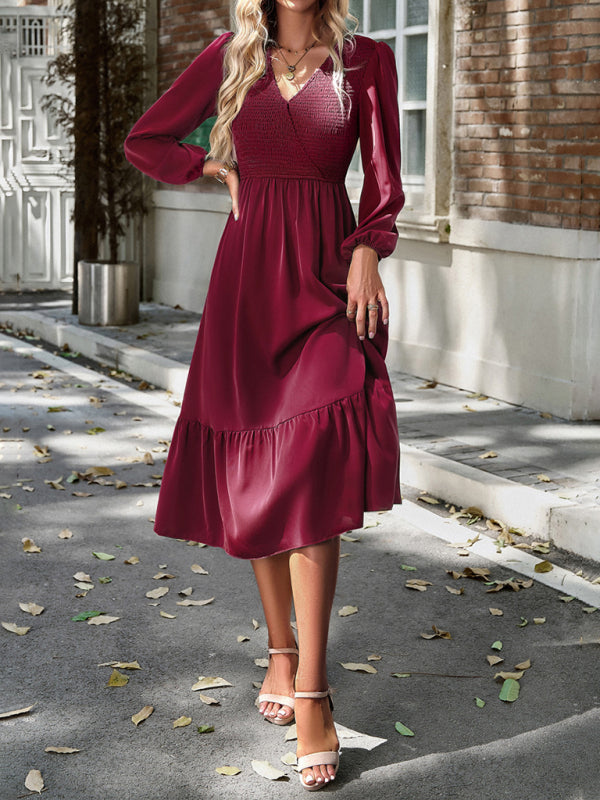 Midi Dresses- Solid Surplice Shirred V-Neck Long Sleeve midi Dress- - Pekosa Women Clothing