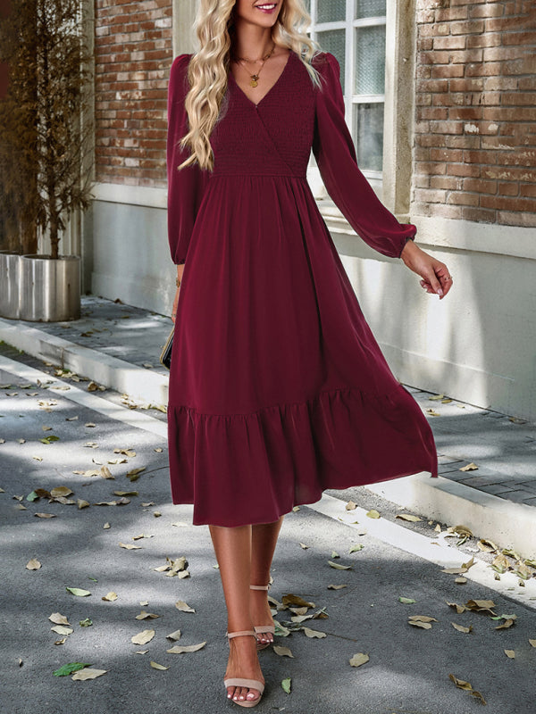 Midi Dresses- Solid Surplice Shirred V-Neck Long Sleeve midi Dress- - Pekosa Women Clothing