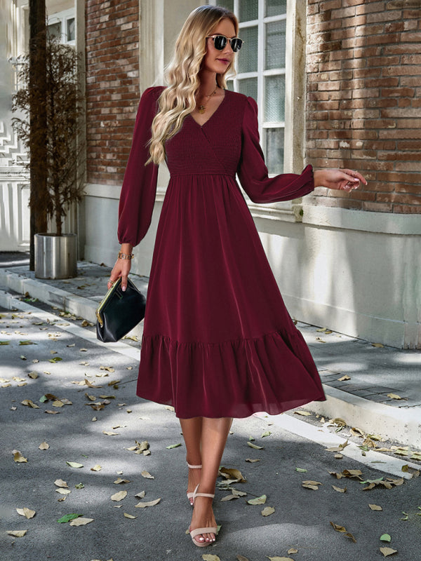 Midi Dresses- Solid Surplice Shirred V-Neck Long Sleeve midi Dress- - Pekosa Women Clothing