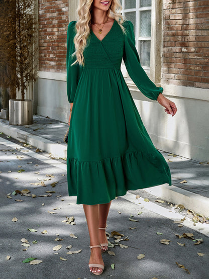 Midi Dresses- Solid Surplice Shirred V-Neck Long Sleeve midi Dress- Green- Pekosa Women Clothing