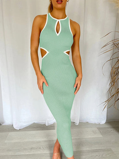 Midi Dresses- Sporty Ribbed Body-Hugging Bodycon with Cutouts & Contrast Trim Color- Green- Pekosa Women Clothing