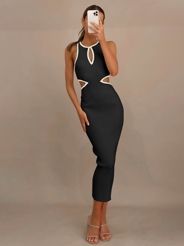 Midi Dresses- Sporty Ribbed Body-Hugging Bodycon with Cutouts & Contrast Trim Color- - Pekosa Women Clothing