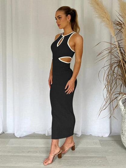 Midi Dresses- Sporty Ribbed Body-Hugging Bodycon with Cutouts & Contrast Trim Color- - Pekosa Women Clothing