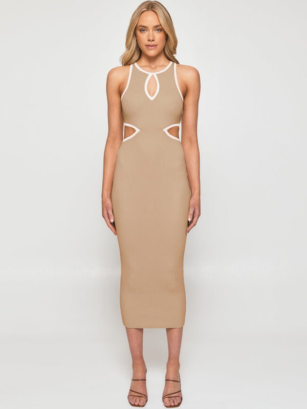 Midi Dresses- Sporty Ribbed Body-Hugging Bodycon with Cutouts & Contrast Trim Color- - Pekosa Women Clothing