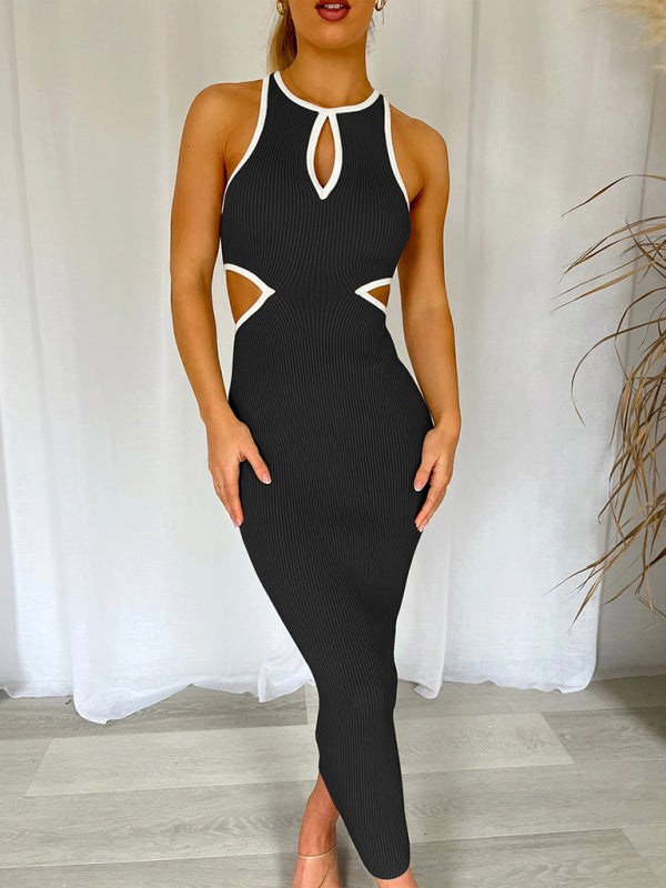 Midi Dresses- Sporty Ribbed Body-Hugging Bodycon with Cutouts & Contrast Trim Color- - Pekosa Women Clothing