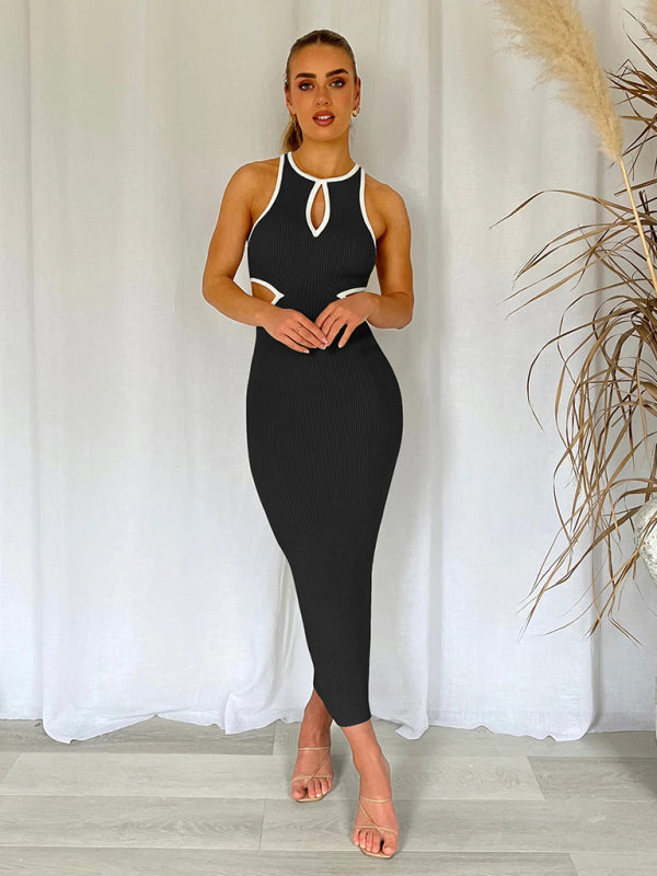 Midi Dresses- Sporty Ribbed Body-Hugging Bodycon with Cutouts & Contrast Trim Color- - Pekosa Women Clothing