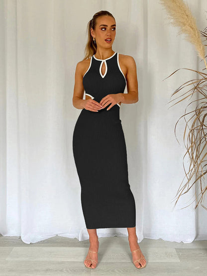 Midi Dresses- Sporty Ribbed Body-Hugging Bodycon with Cutouts & Contrast Trim Color- - Pekosa Women Clothing