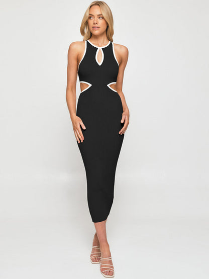 Midi Dresses- Sporty Ribbed Body-Hugging Bodycon with Cutouts & Contrast Trim Color- - Pekosa Women Clothing