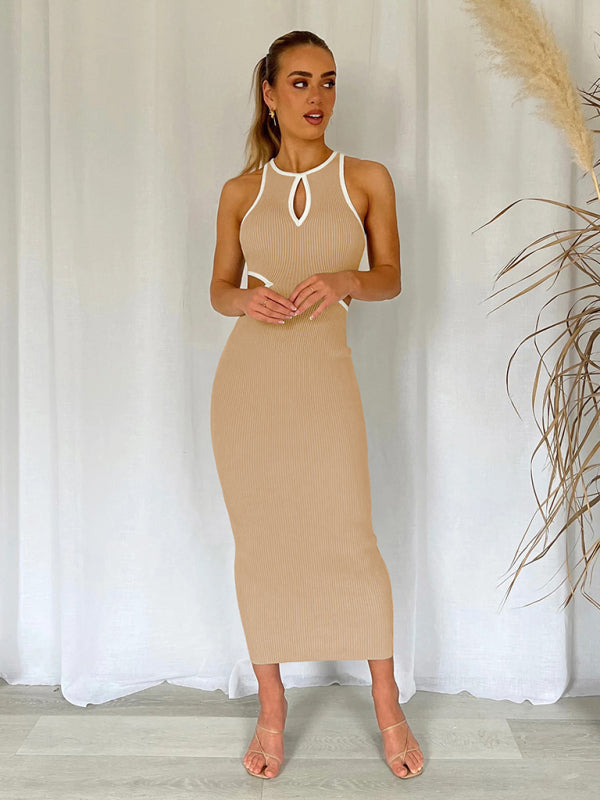 Midi Dresses- Sporty Ribbed Body-Hugging Bodycon with Cutouts & Contrast Trim Color- - Pekosa Women Clothing