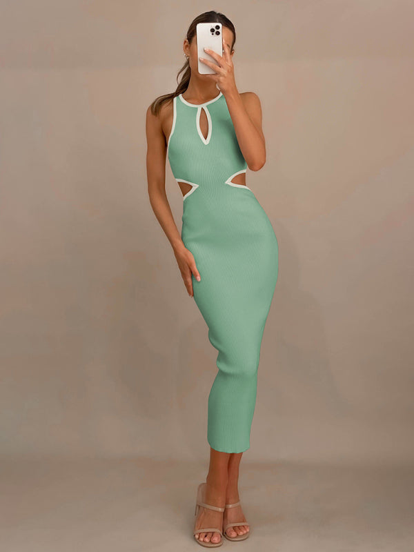 Midi Dresses- Sporty Ribbed Body-Hugging Bodycon with Cutouts & Contrast Trim Color- - Pekosa Women Clothing