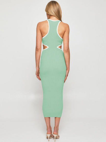 Midi Dresses- Sporty Ribbed Body-Hugging Bodycon with Cutouts & Contrast Trim Color- - Pekosa Women Clothing