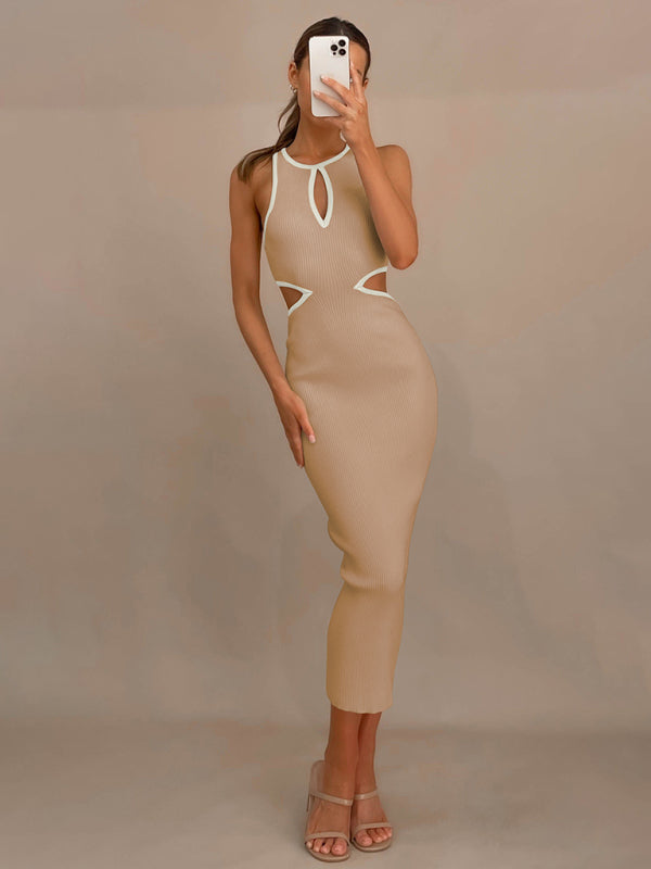 Midi Dresses- Sporty Ribbed Body-Hugging Bodycon with Cutouts & Contrast Trim Color- - Pekosa Women Clothing