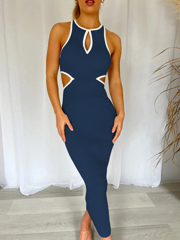 Midi Dresses- Sporty Ribbed Body-Hugging Bodycon with Cutouts & Contrast Trim Color- - Pekosa Women Clothing