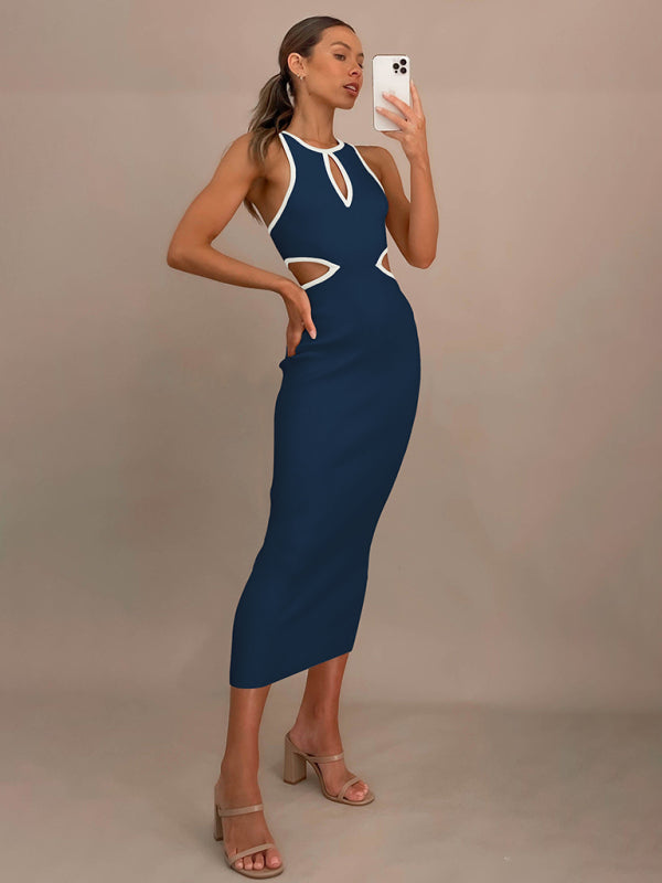 Midi Dresses- Sporty Ribbed Body-Hugging Bodycon with Cutouts & Contrast Trim Color- - Pekosa Women Clothing