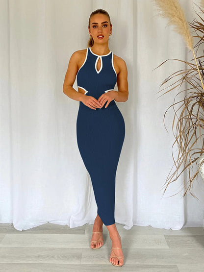 Midi Dresses- Sporty Ribbed Body-Hugging Bodycon with Cutouts & Contrast Trim Color- - Pekosa Women Clothing