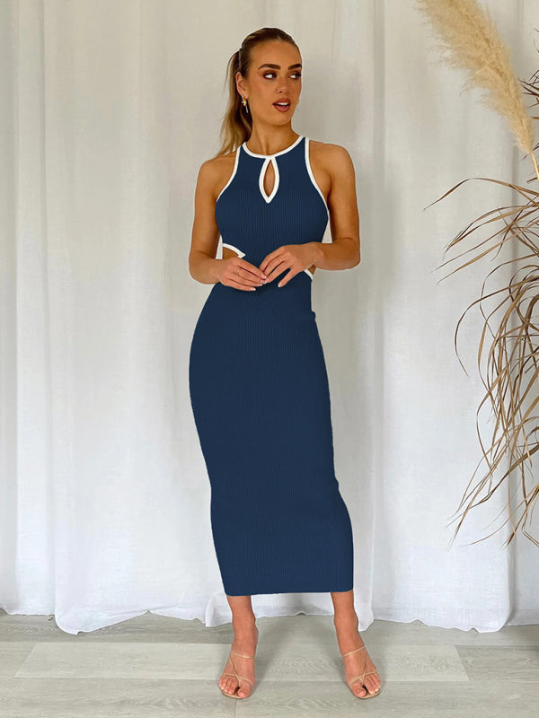 Midi Dresses- Sporty Ribbed Body-Hugging Bodycon with Cutouts & Contrast Trim Color- Navy Blue- Pekosa Women Clothing