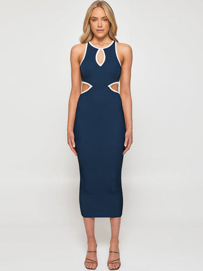 Midi Dresses- Sporty Ribbed Body-Hugging Bodycon with Cutouts & Contrast Trim Color- - Pekosa Women Clothing