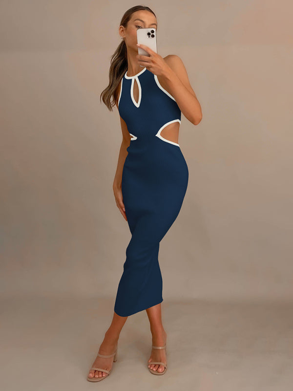 Midi Dresses- Sporty Ribbed Body-Hugging Bodycon with Cutouts & Contrast Trim Color- - Pekosa Women Clothing