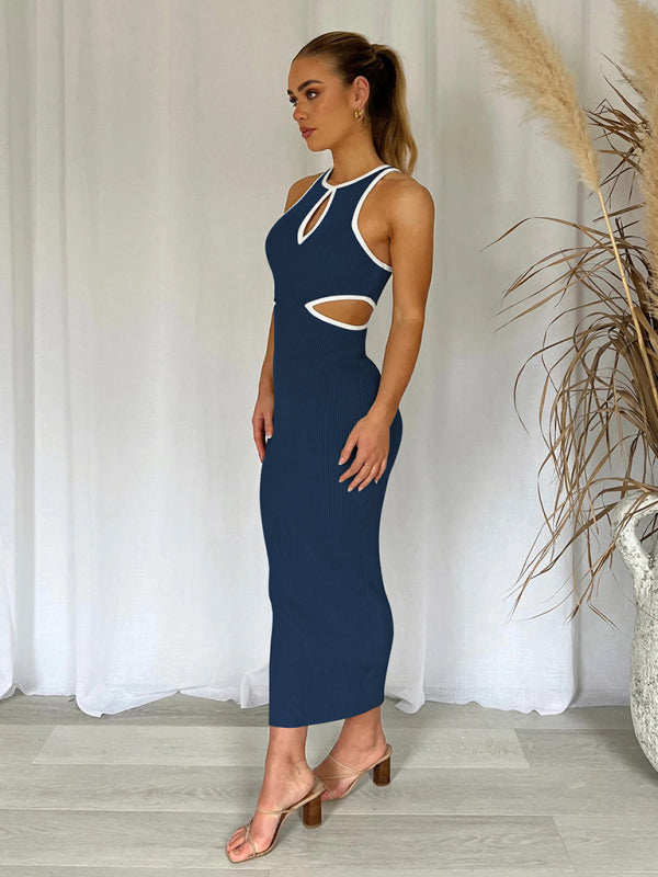 Midi Dresses- Sporty Ribbed Body-Hugging Bodycon with Cutouts & Contrast Trim Color- - Pekosa Women Clothing