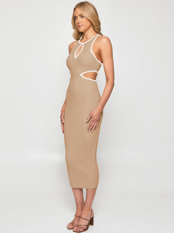 Midi Dresses- Sporty Ribbed Body-Hugging Bodycon with Cutouts & Contrast Trim Color- Brown- Pekosa Women Clothing