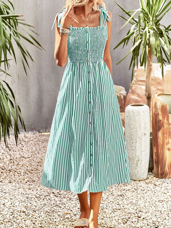 Midi Dresses- Striped Midi Dress With Buttons Front & Shoulder Tie- - Pekosa Women Clothing