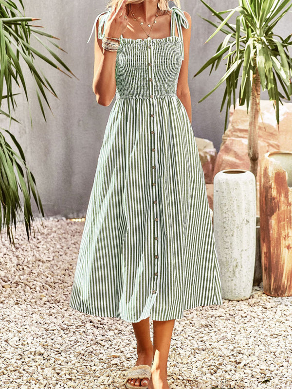 Midi Dresses- Striped Midi Dress With Buttons Front & Shoulder Tie- - Pekosa Women Clothing