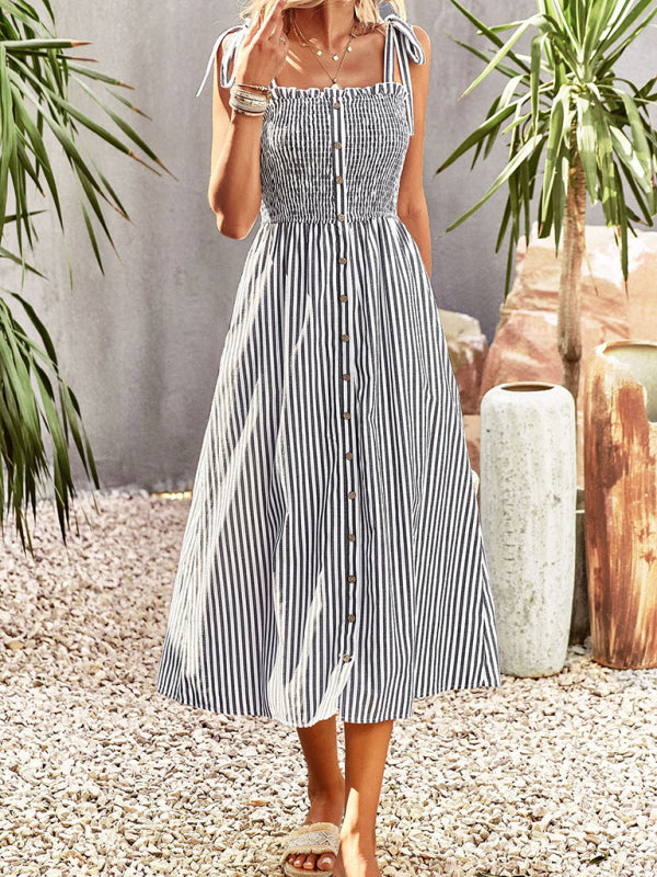 Midi Dresses- Striped Midi Dress With Buttons Front & Shoulder Tie- - Pekosa Women Clothing