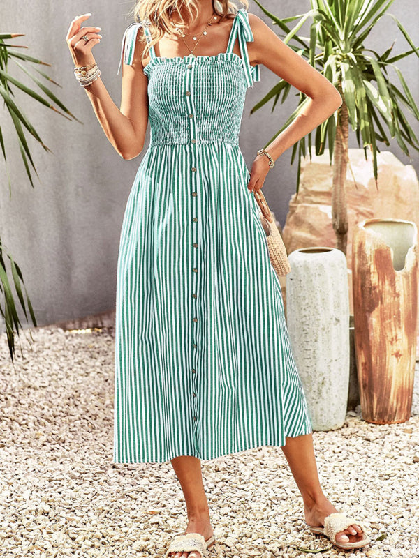 Midi Dresses- Striped Midi Dress With Buttons Front & Shoulder Tie- - Pekosa Women Clothing