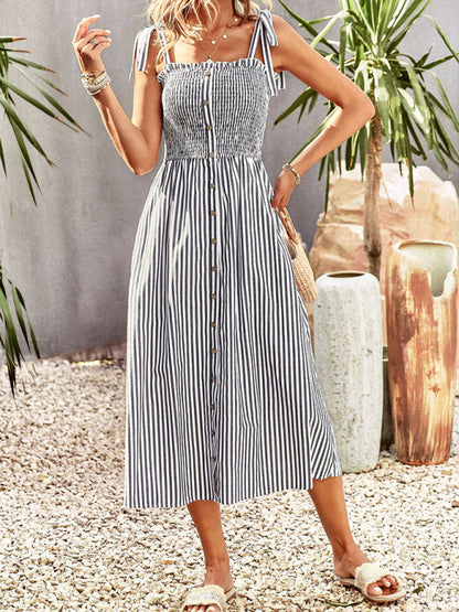 Midi Dresses- Striped Midi Dress With Buttons Front & Shoulder Tie- - Pekosa Women Clothing