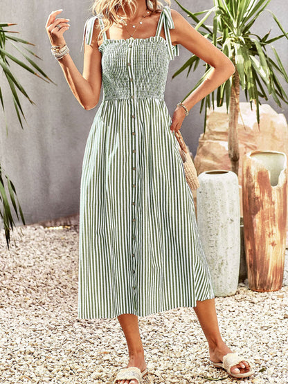 Midi Dresses- Striped Midi Dress With Buttons Front & Shoulder Tie- - Pekosa Women Clothing