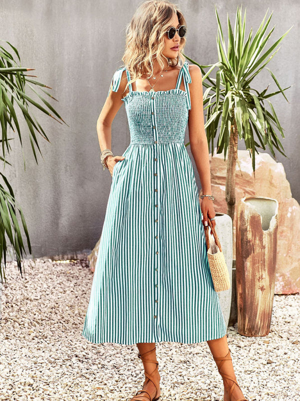 Midi Dresses- Striped Midi Dress With Buttons Front & Shoulder Tie- Deep green- Pekosa Women Clothing