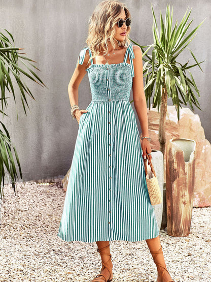 Midi Dresses- Striped Midi Dress With Buttons Front & Shoulder Tie- Deep green- Pekosa Women Clothing