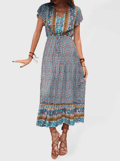 Midi Dresses- Summer Floral Short Sleeve V-Neck Tie-Waist Midi Dress- Floral- Pekosa Women Clothing