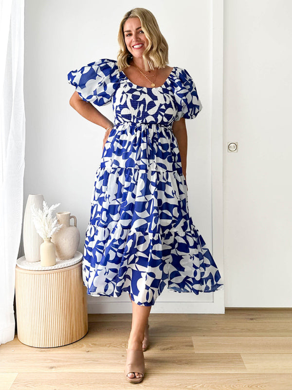 Midi Dresses- Summer Wedding Floral A-Line Midi Dress with Smocked Tiers & Puff Sleeves- Blue- Pekosa Women Clothing