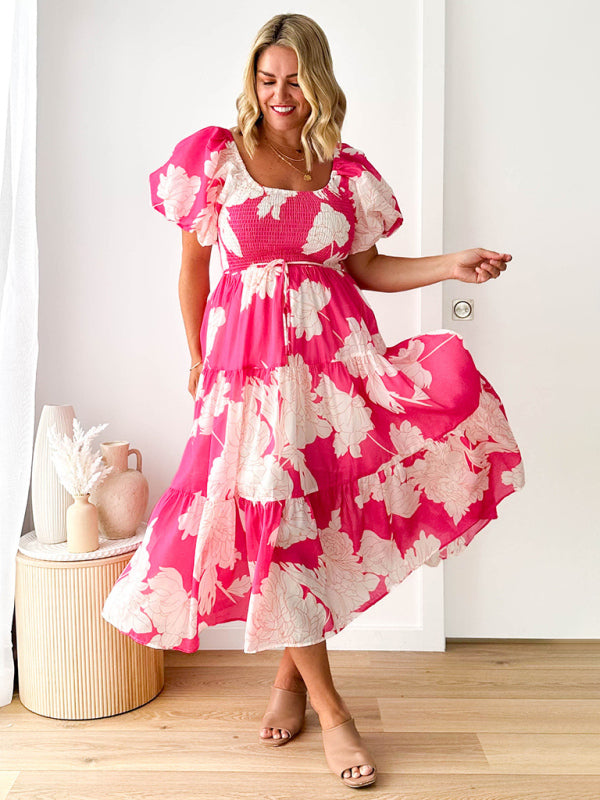 Midi Dresses- Summer Wedding Floral A-Line Midi Dress with Smocked Tiers & Puff Sleeves- - Pekosa Women Clothing