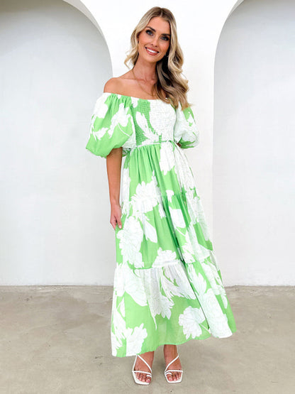 Midi Dresses- Summer Wedding Floral A-Line Midi Dress with Smocked Tiers & Puff Sleeves- - Pekosa Women Clothing