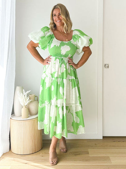 Midi Dresses- Summer Wedding Floral A-Line Midi Dress with Smocked Tiers & Puff Sleeves- Green- Pekosa Women Clothing