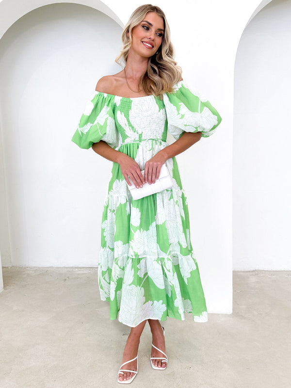 Midi Dresses- Summer Wedding Floral A-Line Midi Dress with Smocked Tiers & Puff Sleeves- - Pekosa Women Clothing