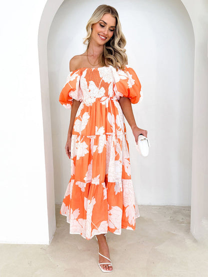 Midi Dresses- Summer Wedding Floral A-Line Midi Dress with Smocked Tiers & Puff Sleeves- - Pekosa Women Clothing