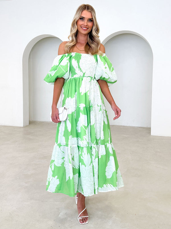 Midi Dresses- Summer Wedding Floral A-Line Midi Dress with Smocked Tiers & Puff Sleeves- - Pekosa Women Clothing