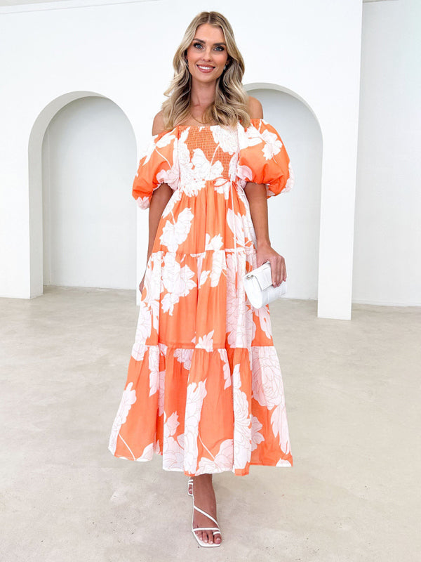 Midi Dresses- Summer Wedding Floral A-Line Midi Dress with Smocked Tiers & Puff Sleeves- Orange- Pekosa Women Clothing