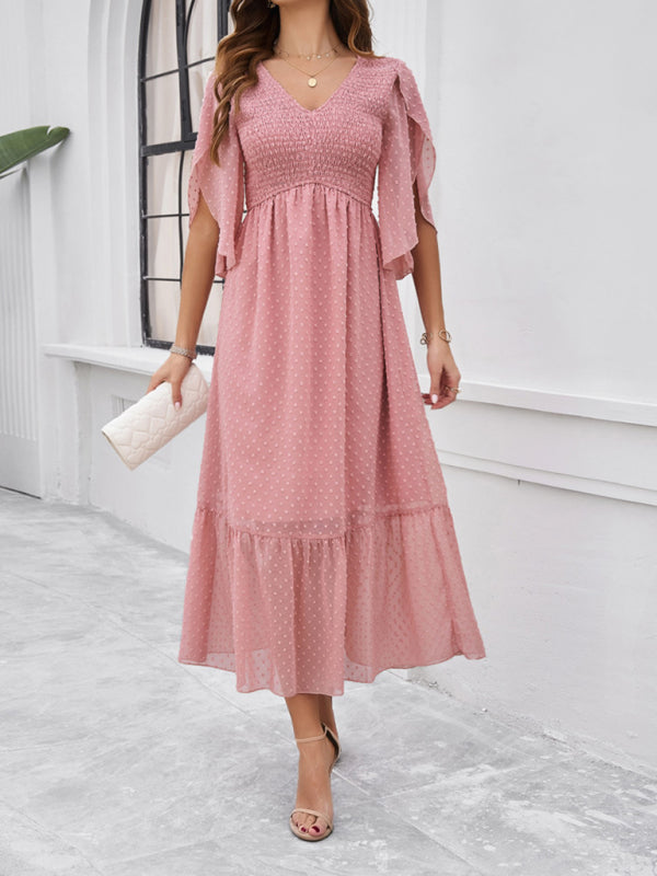 Midi Dresses- Swiss Dot Cocktail Dress with Flounce Sleeves & High Waist- Pink- Pekosa Women Fashion