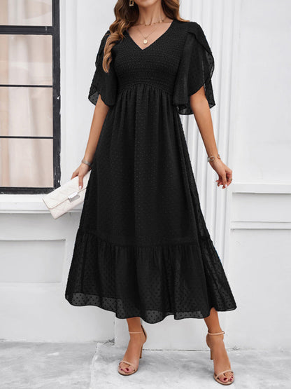 Midi Dresses- Swiss Dot Cocktail Dress with Flounce Sleeves & High Waist- Black- Pekosa Women Fashion