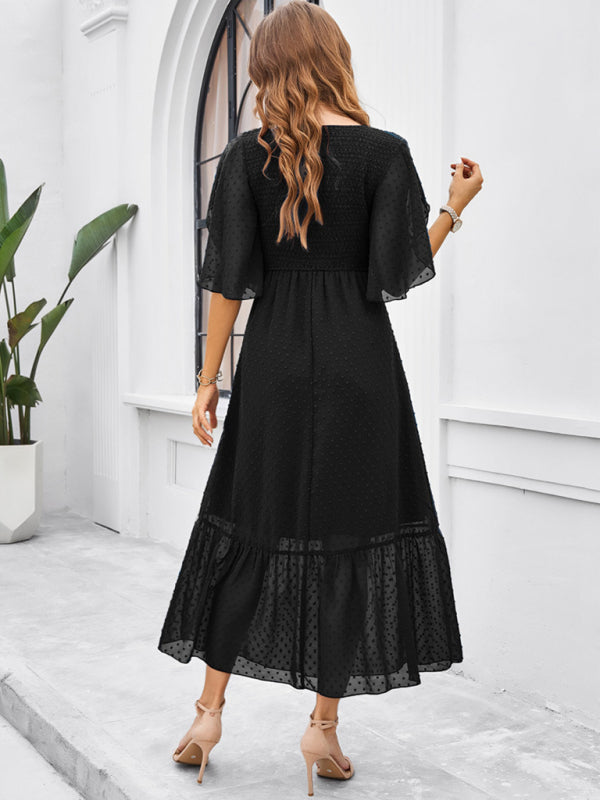 Midi Dresses- Swiss Dot Cocktail Dress with Flounce Sleeves & High Waist- - Pekosa Women Fashion