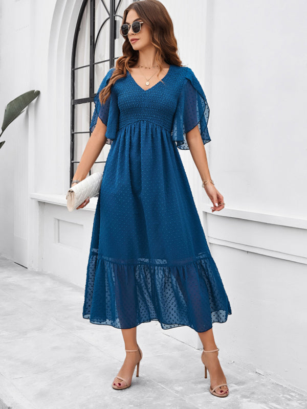 Midi Dresses- Swiss Dot Cocktail Dress with Flounce Sleeves & High Waist- - Pekosa Women Fashion