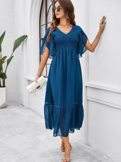 Midi Dresses- Swiss Dot Cocktail Dress with Flounce Sleeves & High Waist- - Pekosa Women Fashion