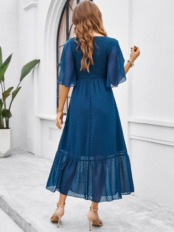 Midi Dresses- Swiss Dot Cocktail Dress with Flounce Sleeves & High Waist- - Pekosa Women Fashion