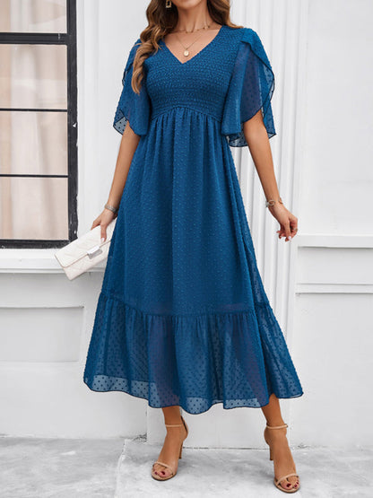 Midi Dresses- Swiss Dot Cocktail Dress with Flounce Sleeves & High Waist- Champlain color- Pekosa Women Fashion