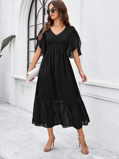 Midi Dresses- Swiss Dot Cocktail Dress with Flounce Sleeves & High Waist- - Pekosa Women Fashion